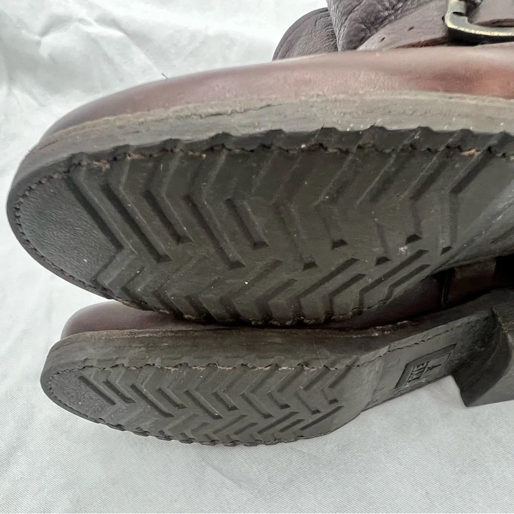 Frye harness buckle strap brown leather mid calf boots moto riding motorcycle 7B - Picture 8 of 16
